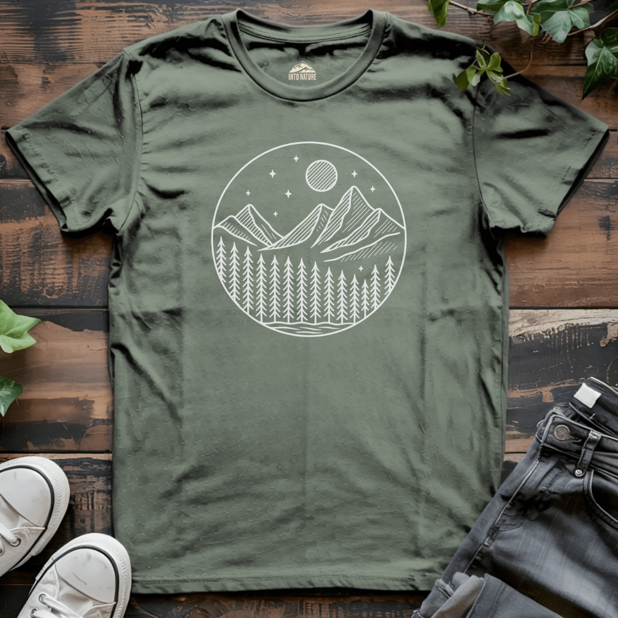 Moonlit Pine Forest Emblem Tee - Into Nature Co.