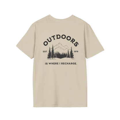 Outdoors Adventure Unisex T-Shirt - "Is Where I Recharge" Design