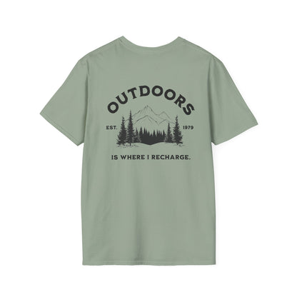 Outdoors Adventure Unisex T-Shirt - "Is Where I Recharge" Design