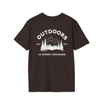 Outdoors Adventure Unisex T-Shirt - "Is Where I Recharge" Design